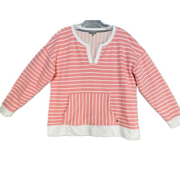 T by Talbots Pullover Split Neck Striped Kangaroo Pocket Top Women Lp Pink White - Picture 1 of 9